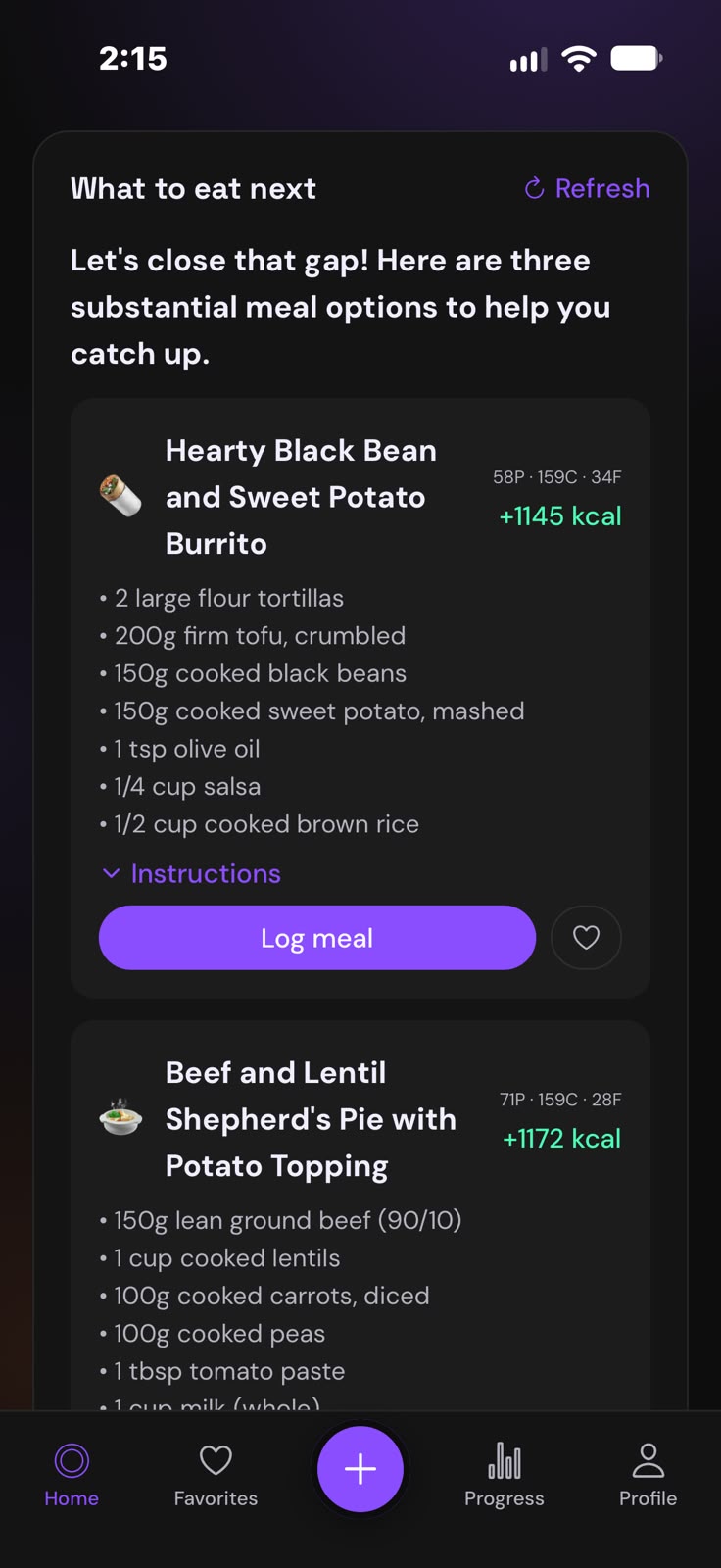 What to eat next: meal ideas sized to the calories left today, with ingredients and a Log meal button