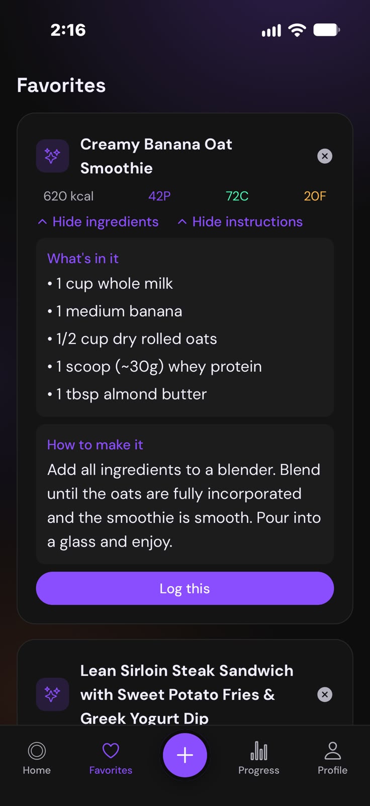 Favorites: saved meals with ingredients and instructions
