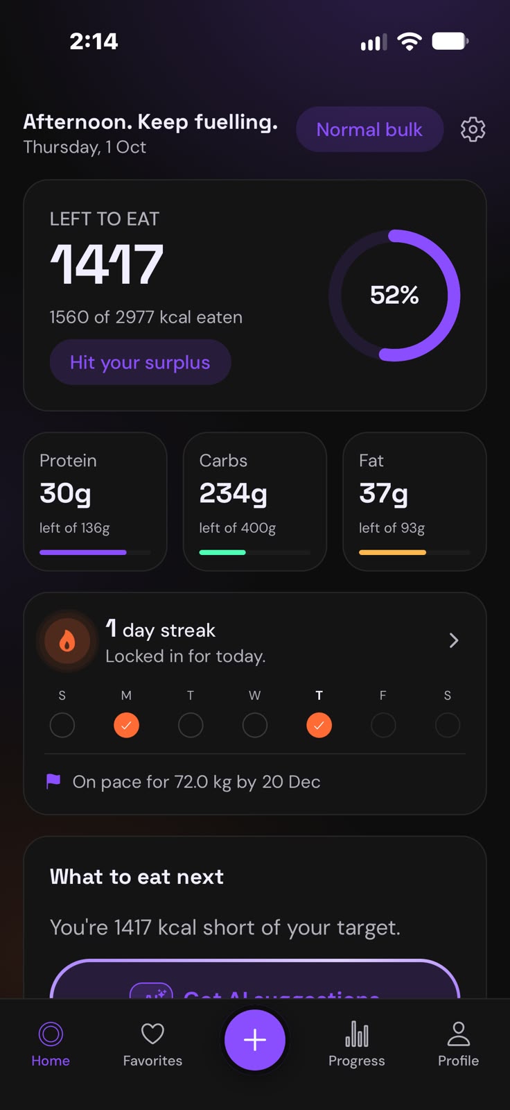 Size Up home screen: 1,417 kcal left to eat, 52% of the daily target, with protein, carbs and fat remaining