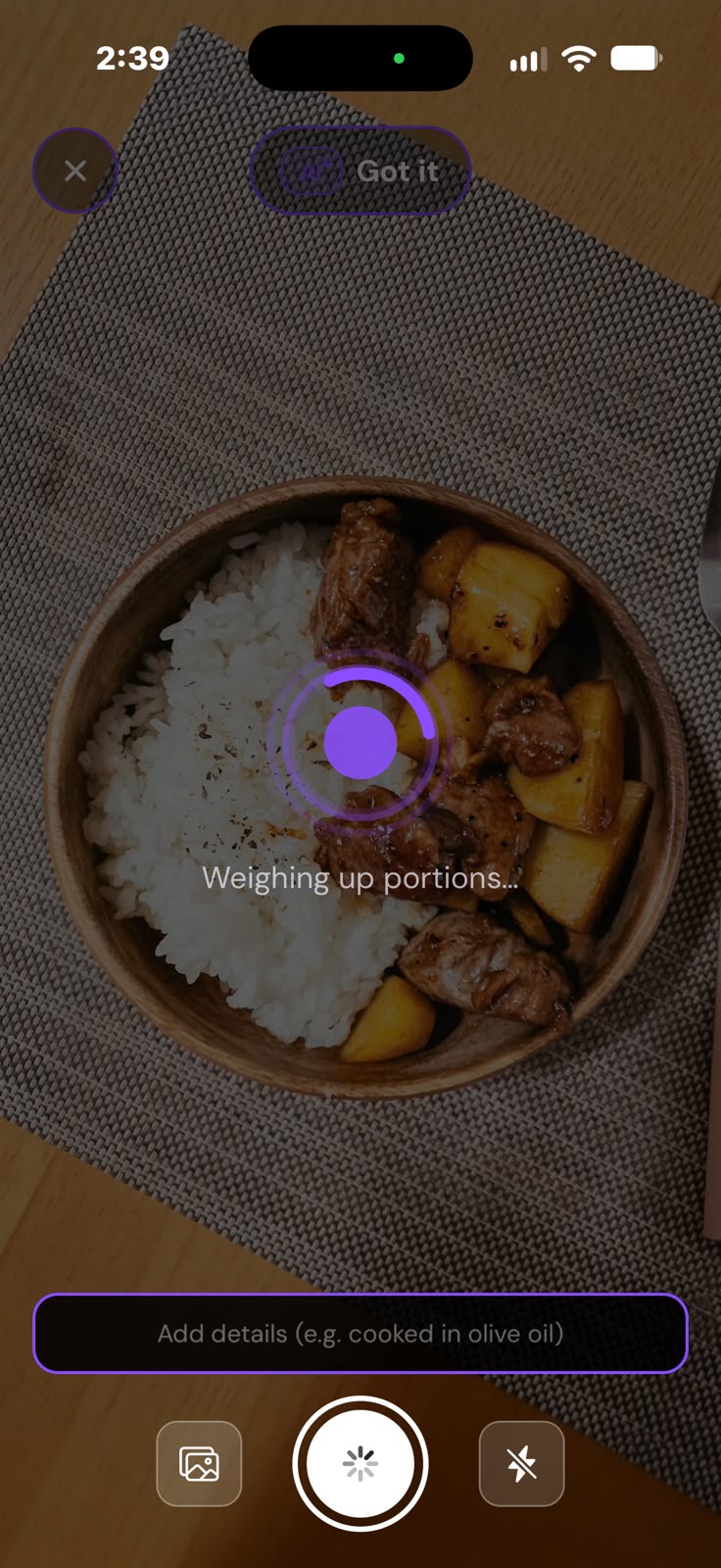 The scanner analysing a photo of a rice bowl with beef and potatoes