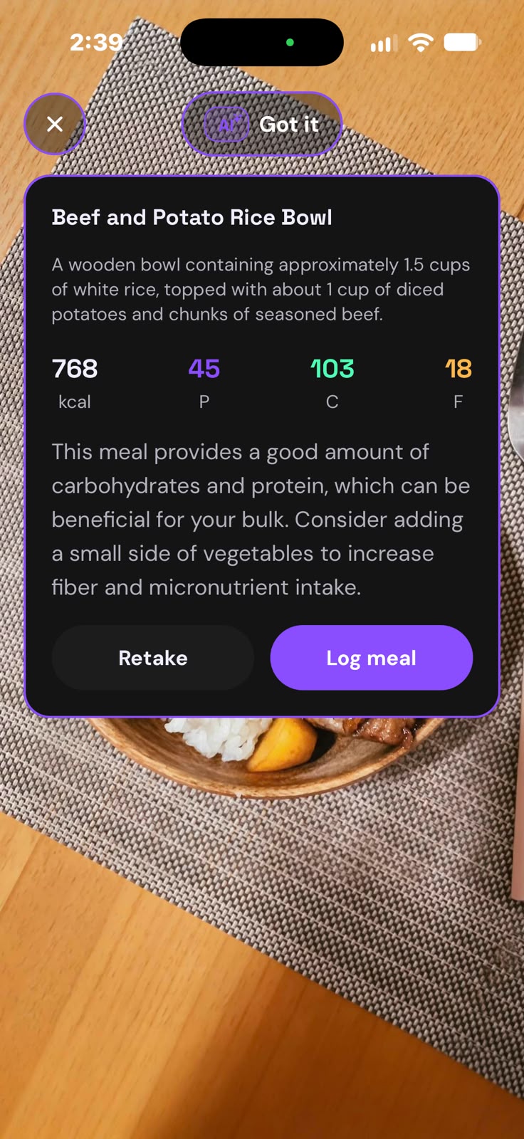 A scanned beef and potato rice bowl: 768 kcal, 45 g protein, 103 g carbs, 18 g fat