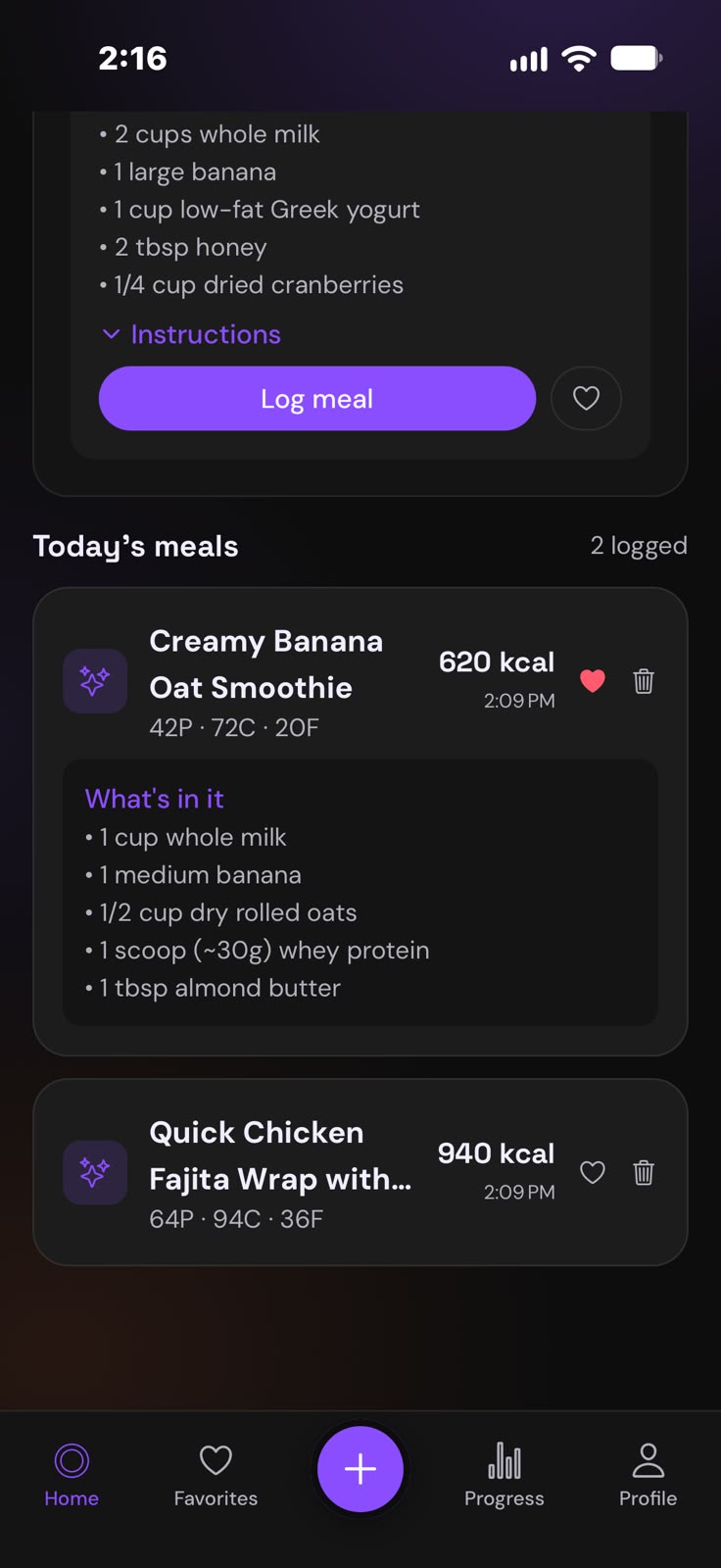 Today's meals, with what's in each one