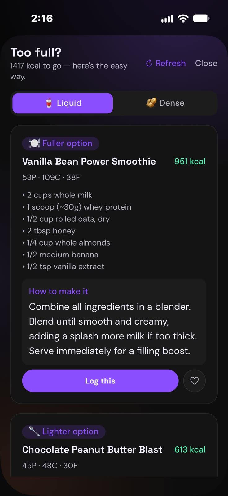 Too full screen: a 951 kcal vanilla power smoothie with ingredients and how to make it